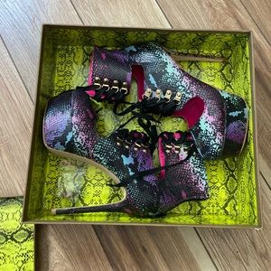 Multi Color Snakeskin Lace Up Platform High Heels